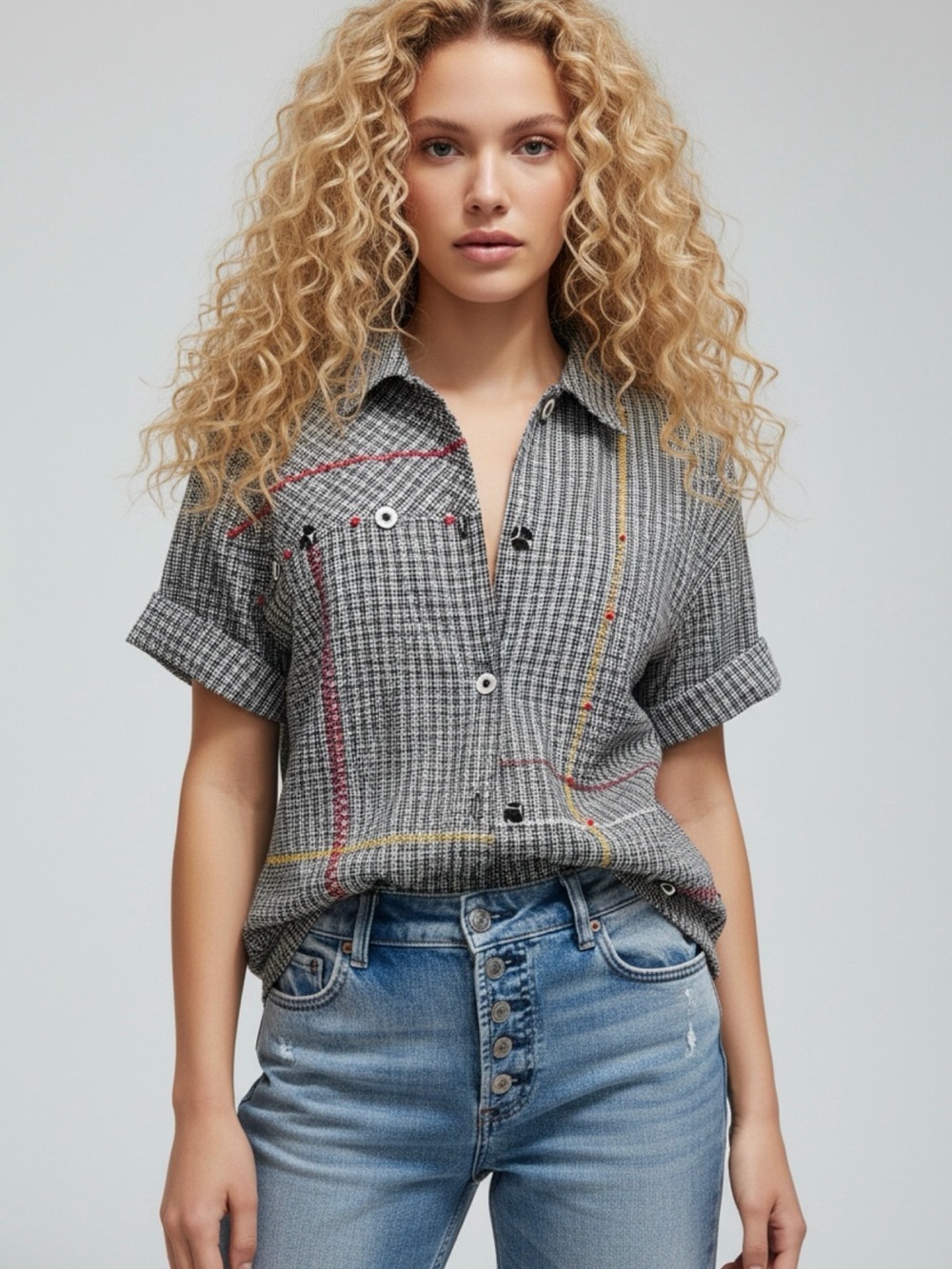 VINTAGE - KORRET-Short-Sleeve Checked Blouse with Red and Yellow Stitch Accent